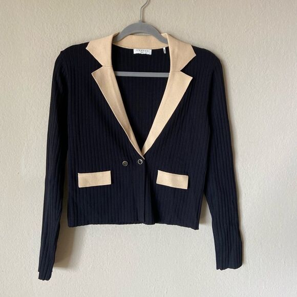 Sandro Barney Contrast Trimmed Black Cardigan Crop Size S - Picture 6 of 11